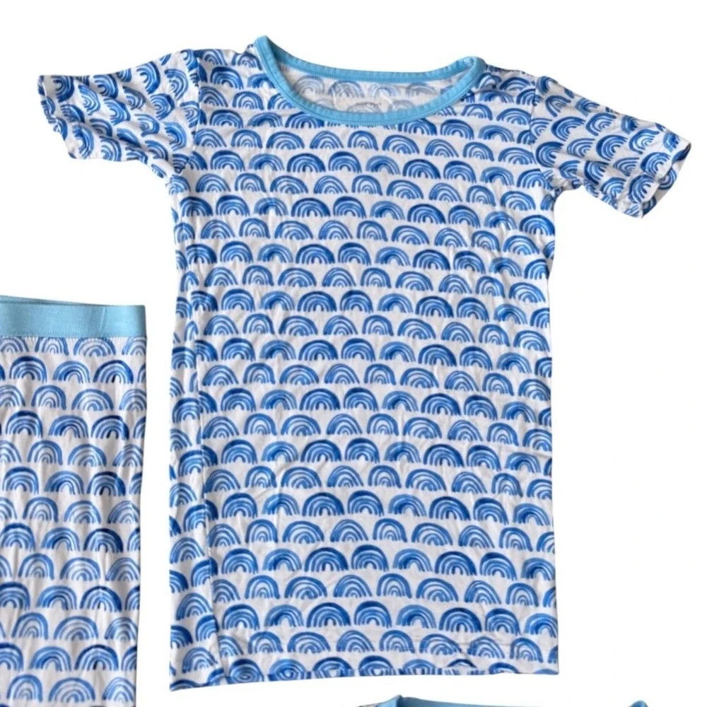 Little Sleepies Blue Rainbows Bamboo Pajamas 3 Pc Set‎ 9/10 LS SS Tops Pants